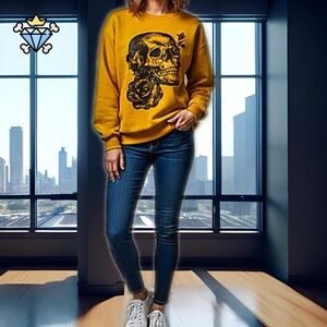 BUFF BUNNY WOMENS MUSTARD YELLOW ROSE SKULL PRINT CREWNECK SWEATER SIZE MEDIUM